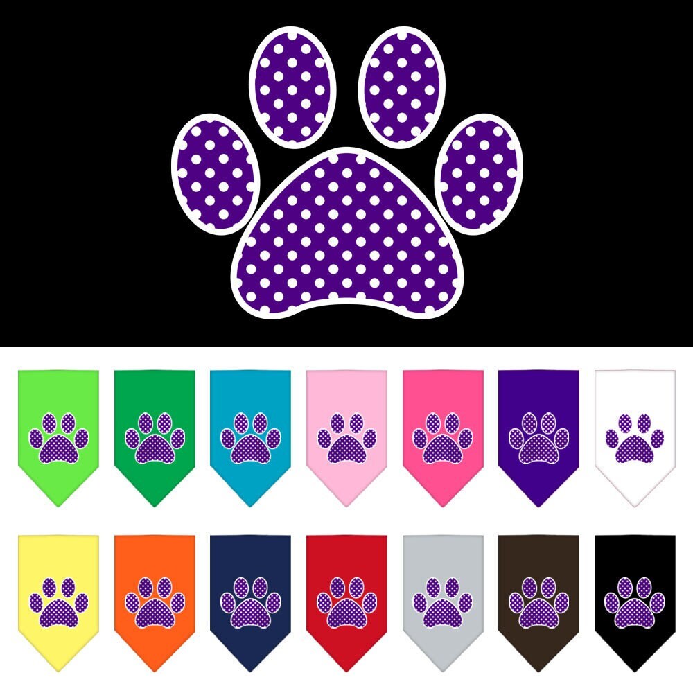 Purple Swiss Dot Paw pet bandana, stylish and comfortable for dogs, available in small and large sizes.