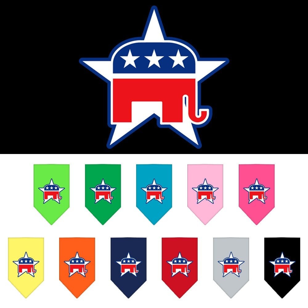 A stylish dog bandana featuring a screen printed Republican design, available in small and large sizes, perfect for pets to showcase their political affiliation.