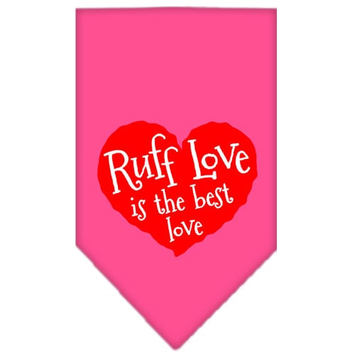 A stylish pet bandana featuring the screen printed phrase 'Ruff Love', designed for dogs in vibrant colors.
