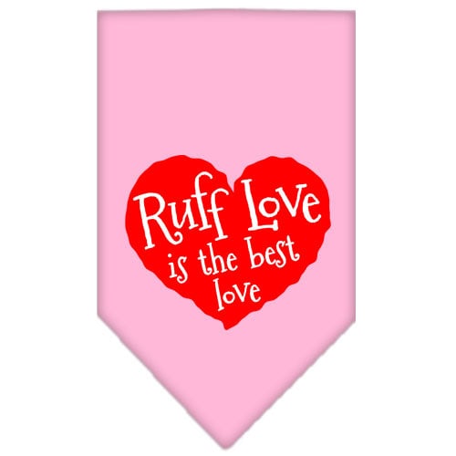 A stylish pet bandana featuring the screen printed phrase 'Ruff Love', designed for dogs in vibrant colors.