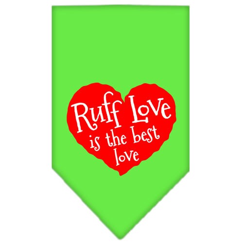 A stylish pet bandana featuring the screen printed phrase 'Ruff Love', designed for dogs in vibrant colors.