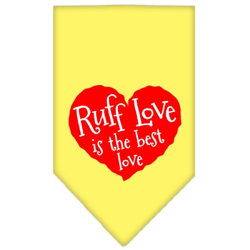 A stylish pet bandana featuring the screen printed phrase 'Ruff Love', designed for dogs in vibrant colors.
