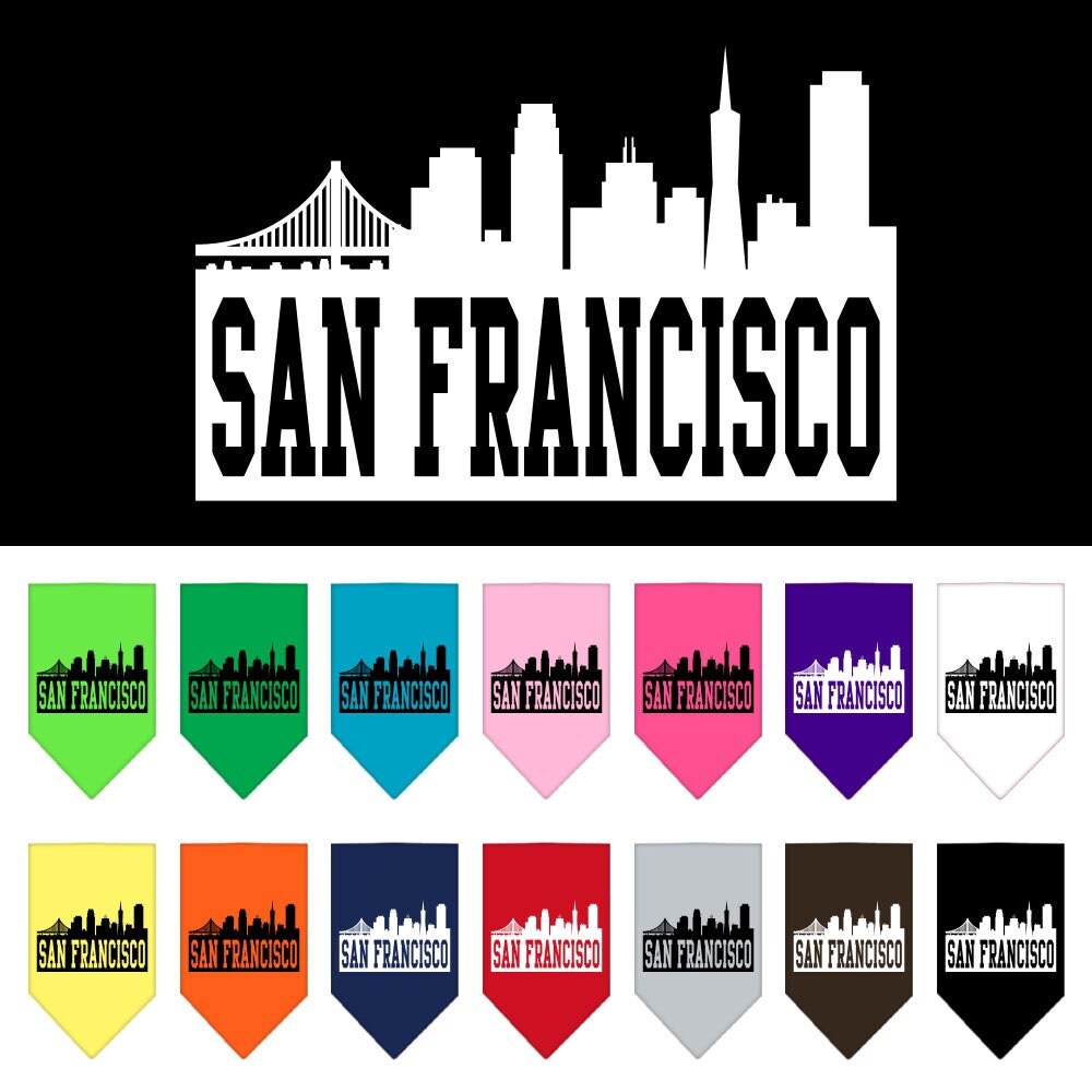 A stylish pet bandana featuring a screen printed San Francisco skyline design, perfect for dogs of all sizes.
