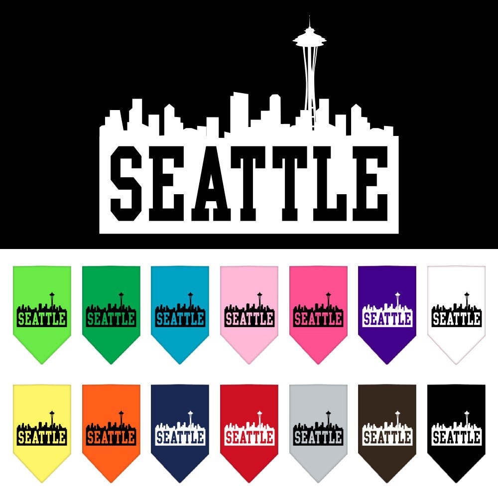 A stylish pet bandana featuring the Seattle skyline design, perfect for dogs of all sizes.