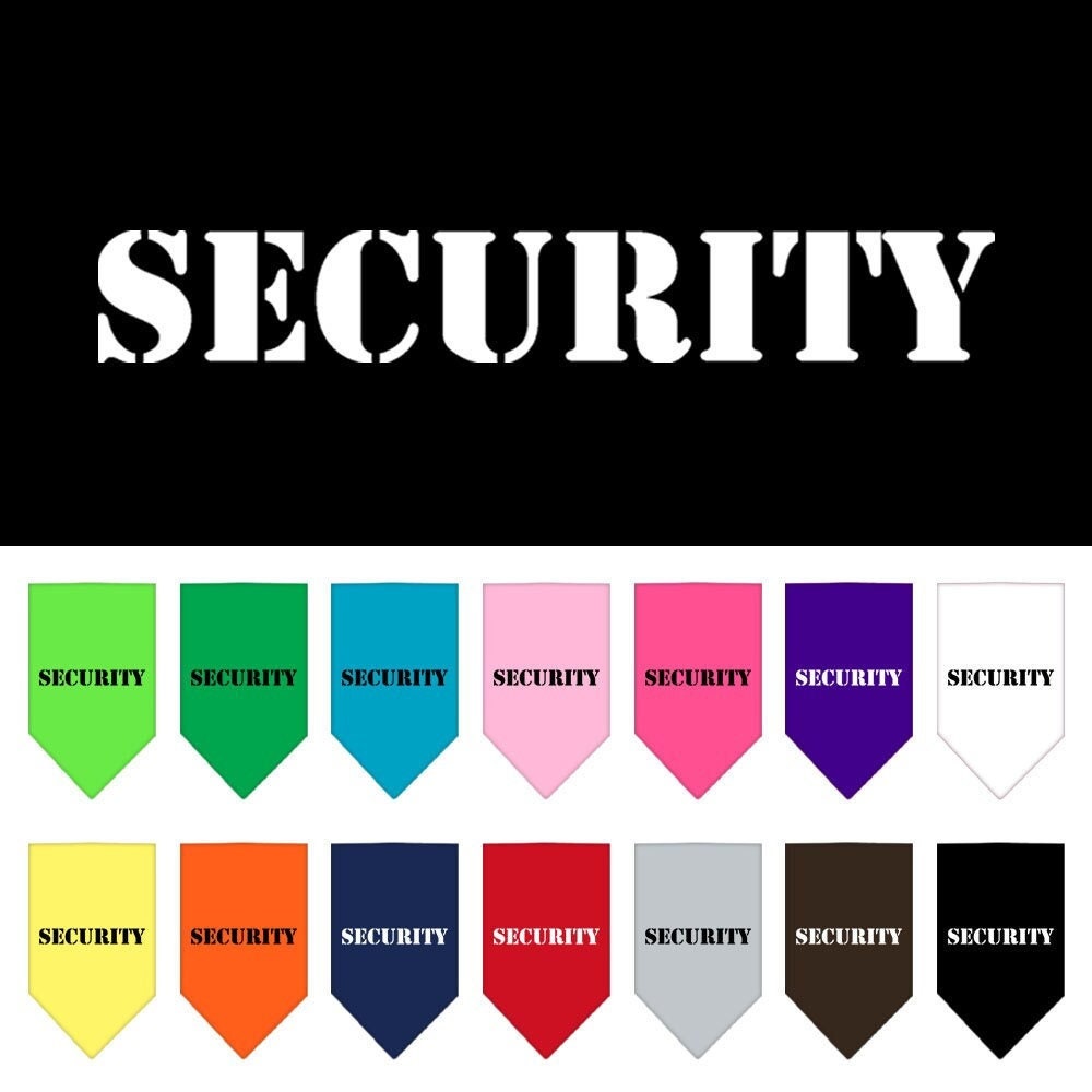 A stylish pet bandana featuring the word 'Security' printed in bold letters, designed for dogs of various sizes.