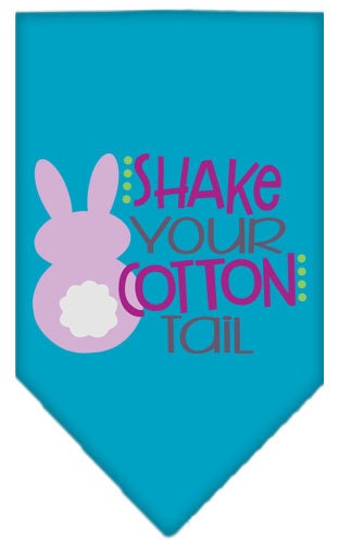 A colorful pet bandana featuring the phrase 'Shake Your Cotton Tail', designed for dogs, available in small and large sizes.