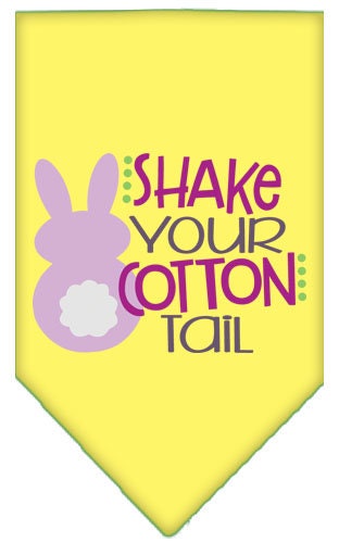 A colorful pet bandana featuring the phrase 'Shake Your Cotton Tail', designed for dogs, available in small and large sizes.