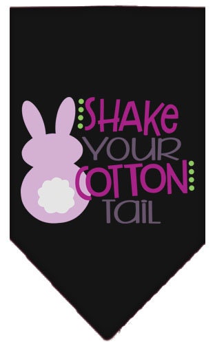A colorful pet bandana featuring the phrase 'Shake Your Cotton Tail', designed for dogs, available in small and large sizes.