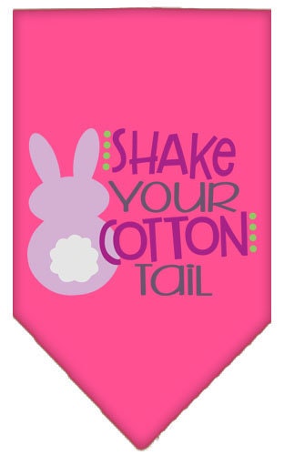 A colorful pet bandana featuring the phrase 'Shake Your Cotton Tail', designed for dogs, available in small and large sizes.