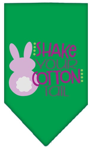 A colorful pet bandana featuring the phrase 'Shake Your Cotton Tail', designed for dogs, available in small and large sizes.