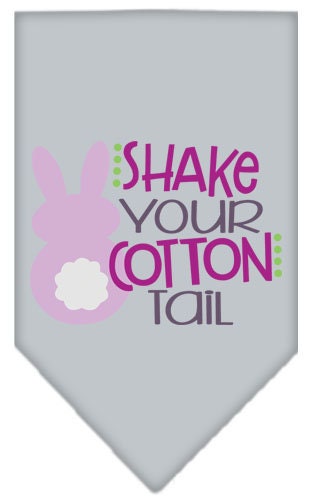A colorful pet bandana featuring the phrase 'Shake Your Cotton Tail', designed for dogs, available in small and large sizes.