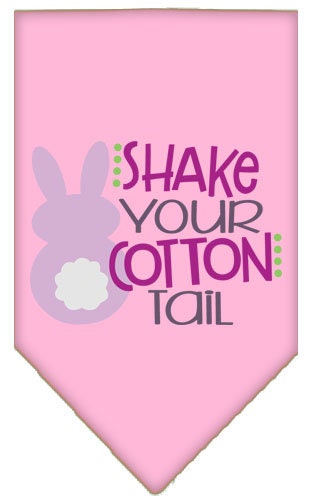 A colorful pet bandana featuring the phrase 'Shake Your Cotton Tail', designed for dogs, available in small and large sizes.