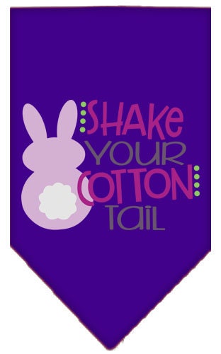 A colorful pet bandana featuring the phrase 'Shake Your Cotton Tail', designed for dogs, available in small and large sizes.