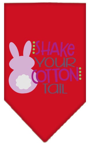 A colorful pet bandana featuring the phrase 'Shake Your Cotton Tail', designed for dogs, available in small and large sizes.
