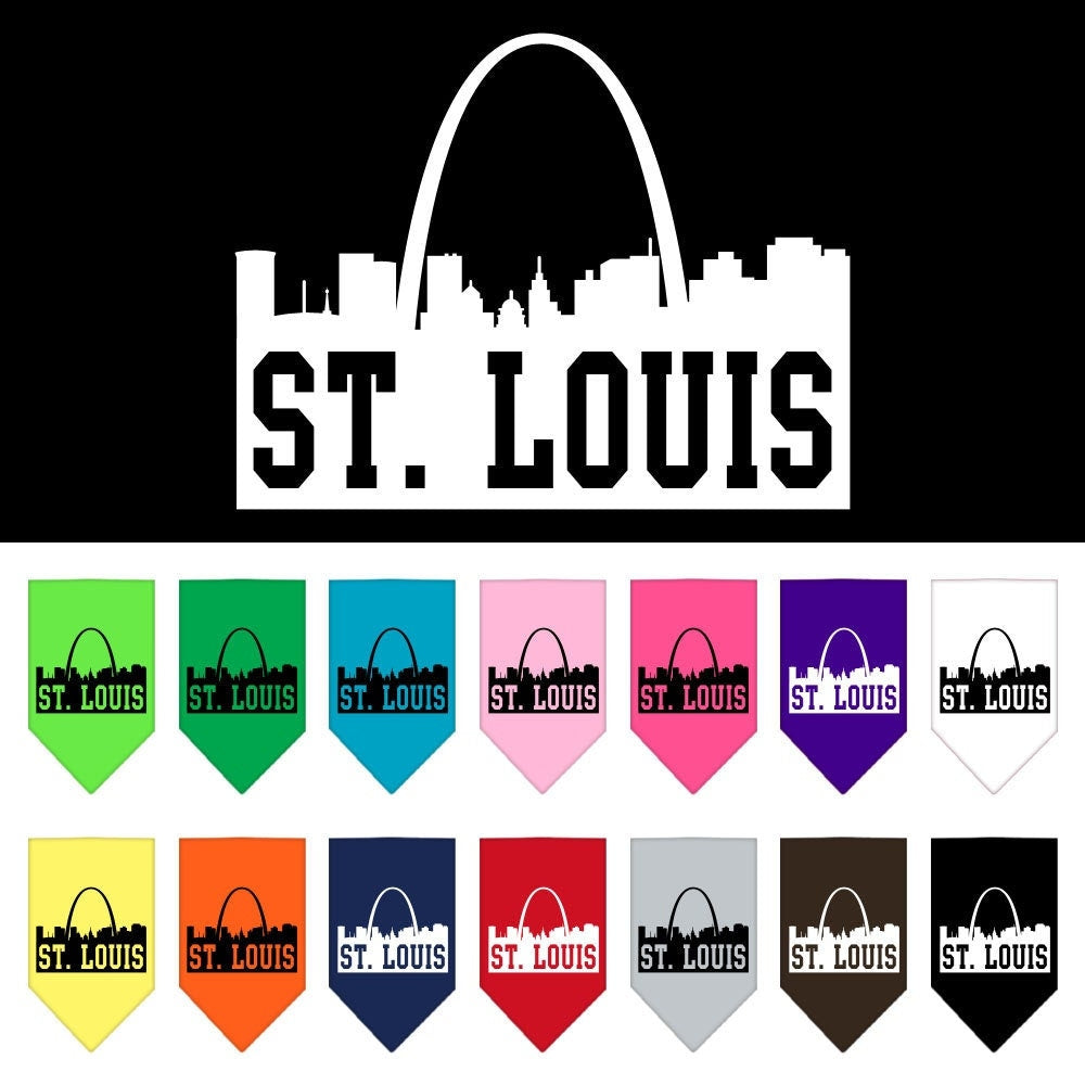 A stylish pet bandana featuring the St. Louis skyline design, perfect for dogs of all sizes.