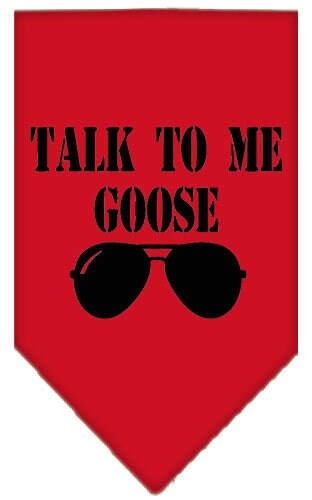 A stylish pet bandana featuring the phrase 'Talk To Me Goose', designed for dogs, available in small and large sizes, made from soft fabric.