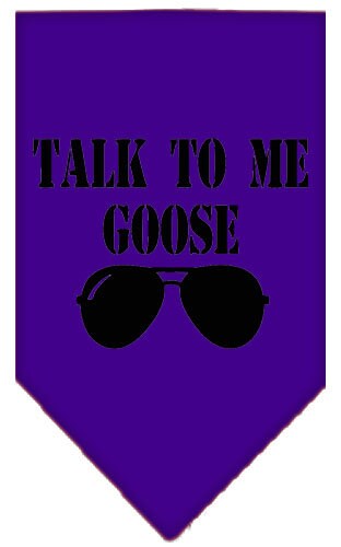 A stylish pet bandana featuring the phrase 'Talk To Me Goose', designed for dogs, available in small and large sizes, made from soft fabric.
