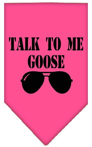 A stylish pet bandana featuring the phrase 'Talk To Me Goose', designed for dogs, available in small and large sizes, made from soft fabric.