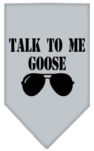 A stylish pet bandana featuring the phrase 'Talk To Me Goose', designed for dogs, available in small and large sizes, made from soft fabric.