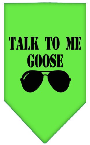 A stylish pet bandana featuring the phrase 'Talk To Me Goose', designed for dogs, available in small and large sizes, made from soft fabric.