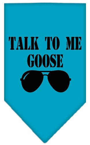 A stylish pet bandana featuring the phrase 'Talk To Me Goose', designed for dogs, available in small and large sizes, made from soft fabric.