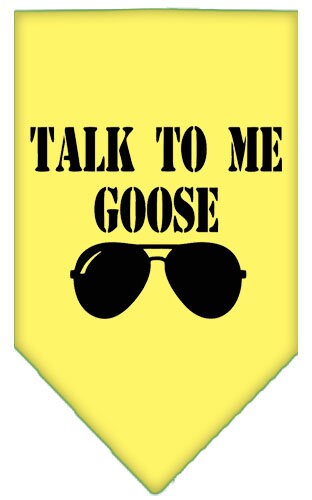 A stylish pet bandana featuring the phrase 'Talk To Me Goose', designed for dogs, available in small and large sizes, made from soft fabric.