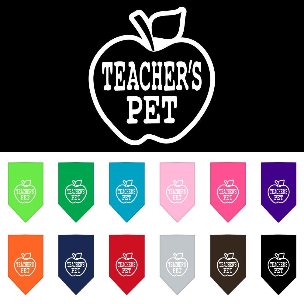 A stylish dog bandana featuring the phrase 'Teachers Pet', designed for comfort and easy tie-on use, available in small and large sizes.