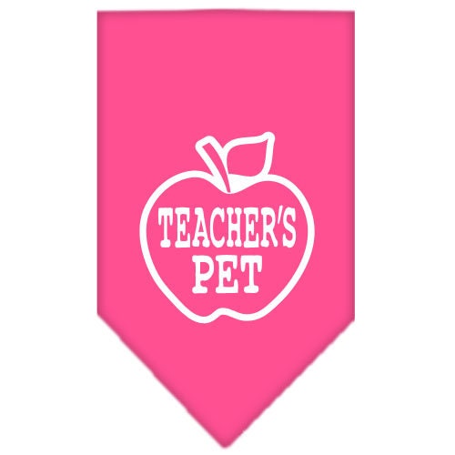 A stylish dog bandana featuring the phrase 'Teachers Pet', designed for comfort and easy tie-on use, available in small and large sizes.