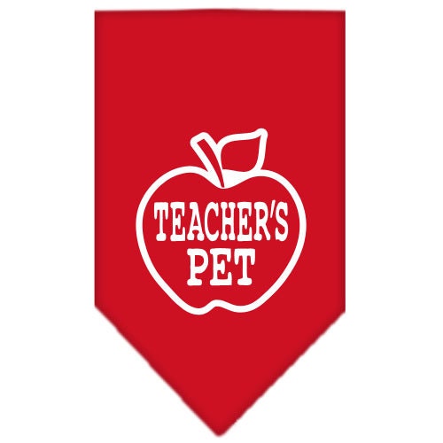A stylish dog bandana featuring the phrase 'Teachers Pet', designed for comfort and easy tie-on use, available in small and large sizes.