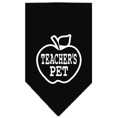 A stylish dog bandana featuring the phrase 'Teachers Pet', designed for comfort and easy tie-on use, available in small and large sizes.