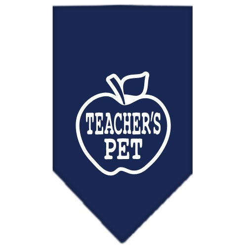A stylish dog bandana featuring the phrase 'Teachers Pet', designed for comfort and easy tie-on use, available in small and large sizes.