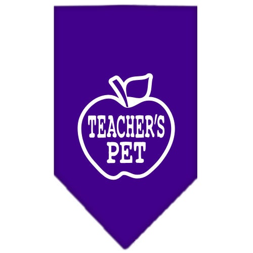 A stylish dog bandana featuring the phrase 'Teachers Pet', designed for comfort and easy tie-on use, available in small and large sizes.