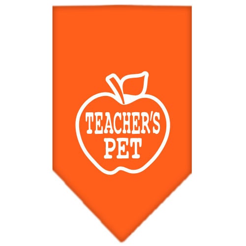 A stylish dog bandana featuring the phrase 'Teachers Pet', designed for comfort and easy tie-on use, available in small and large sizes.