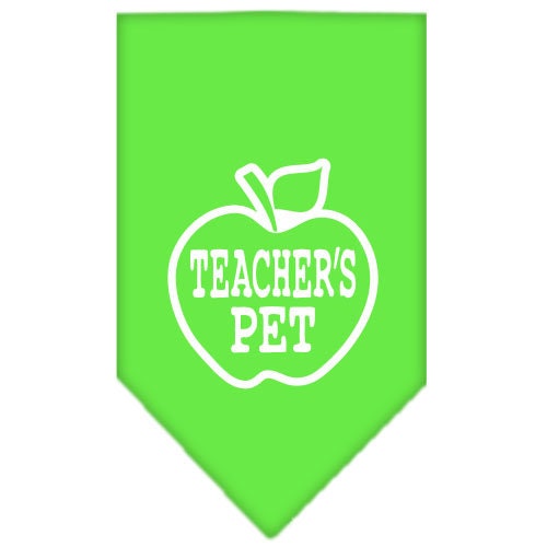 A stylish dog bandana featuring the phrase 'Teachers Pet', designed for comfort and easy tie-on use, available in small and large sizes.