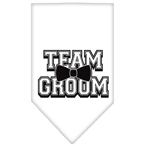 A stylish pet bandana featuring the screen printed text 'Team Groom', designed for dogs to wear at weddings and special events.