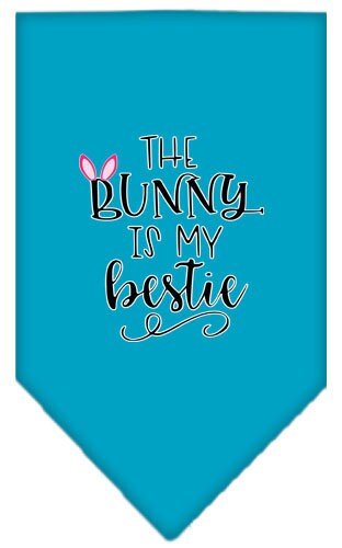 A stylish pet bandana featuring the phrase 'The Bunny Is My Bestie', designed for dogs in a vibrant print.