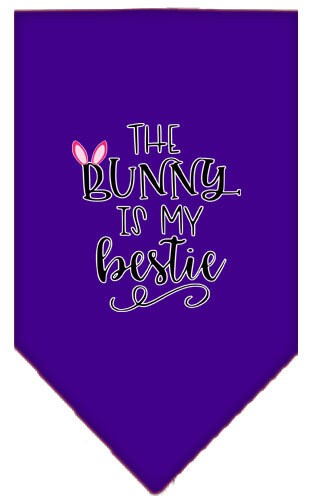 A stylish pet bandana featuring the phrase 'The Bunny Is My Bestie', designed for dogs in a vibrant print.