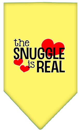 A stylish pet bandana featuring the phrase 'The Snuggle Is Real', designed for comfort and easy wear, available in small and large sizes.