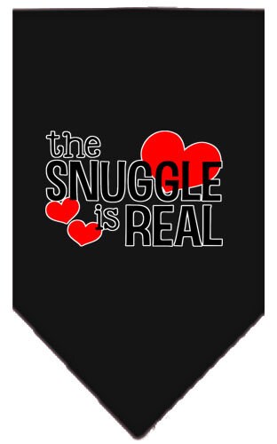 A stylish pet bandana featuring the phrase 'The Snuggle Is Real', designed for comfort and easy wear, available in small and large sizes.