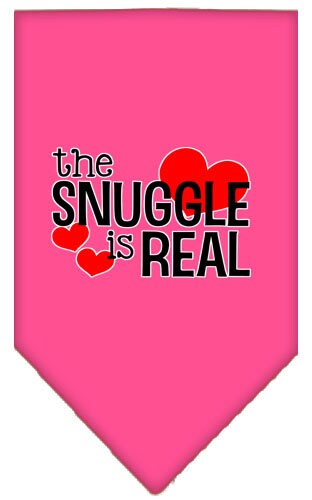 A stylish pet bandana featuring the phrase 'The Snuggle Is Real', designed for comfort and easy wear, available in small and large sizes.