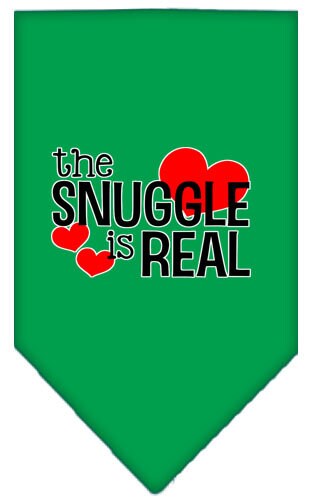 A stylish pet bandana featuring the phrase 'The Snuggle Is Real', designed for comfort and easy wear, available in small and large sizes.