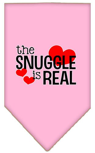 A stylish pet bandana featuring the phrase 'The Snuggle Is Real', designed for comfort and easy wear, available in small and large sizes.