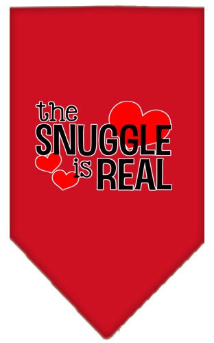 A stylish pet bandana featuring the phrase 'The Snuggle Is Real', designed for comfort and easy wear, available in small and large sizes.