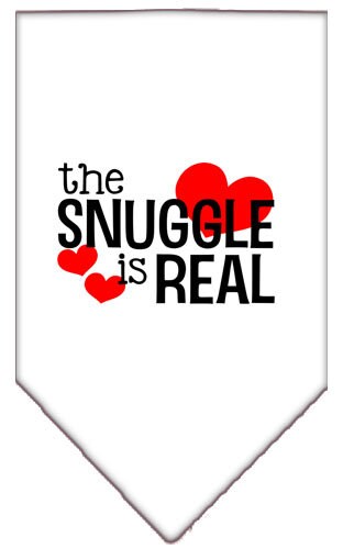 A stylish pet bandana featuring the phrase 'The Snuggle Is Real', designed for comfort and easy wear, available in small and large sizes.
