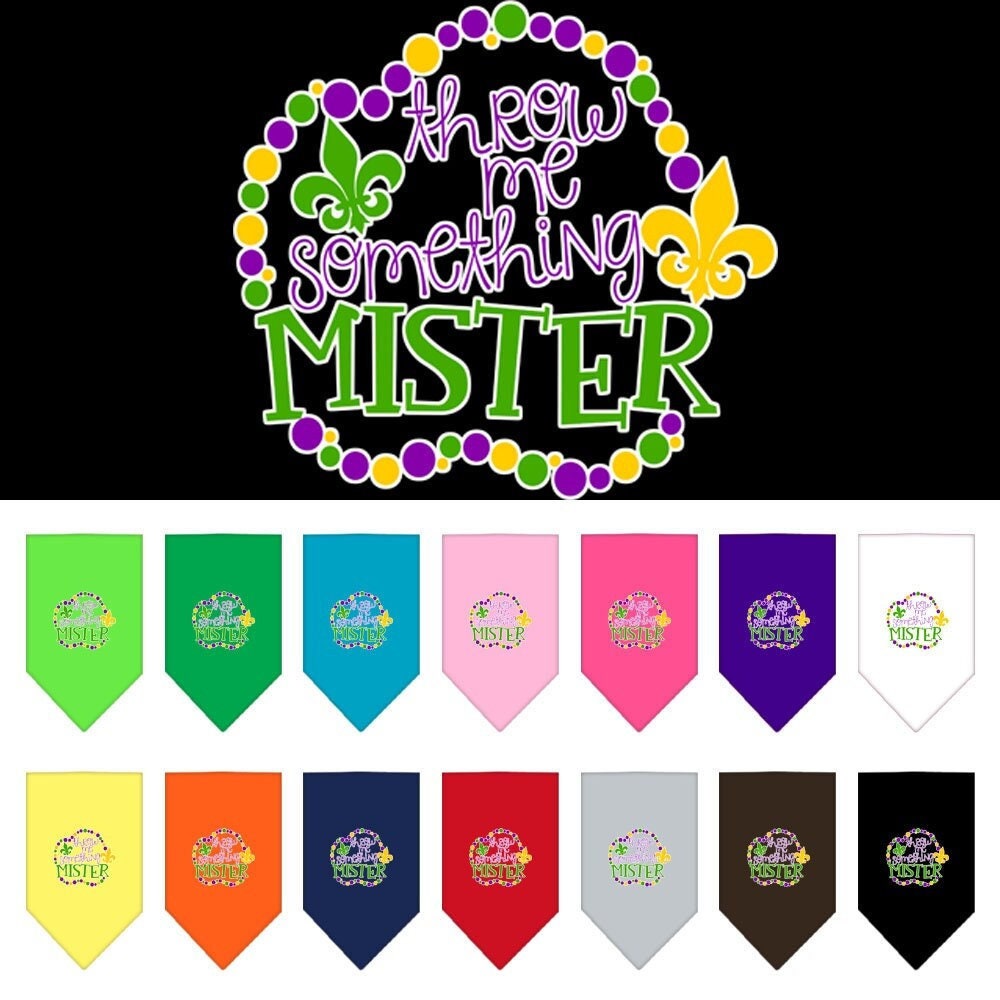 A stylish pet bandana featuring the phrase 'Throw Me Something Mister', designed for dogs of all sizes with a tie-on style.