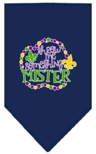 A stylish pet bandana featuring the phrase 'Throw Me Something Mister', designed for dogs of all sizes with a tie-on style.