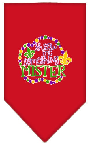 A stylish pet bandana featuring the phrase 'Throw Me Something Mister', designed for dogs of all sizes with a tie-on style.