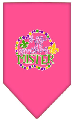 A stylish pet bandana featuring the phrase 'Throw Me Something Mister', designed for dogs of all sizes with a tie-on style.