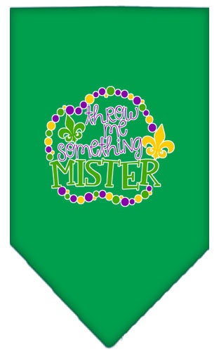 A stylish pet bandana featuring the phrase 'Throw Me Something Mister', designed for dogs of all sizes with a tie-on style.