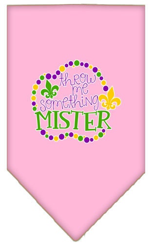 A stylish pet bandana featuring the phrase 'Throw Me Something Mister', designed for dogs of all sizes with a tie-on style.